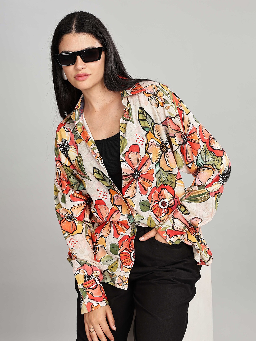 

HERE&NOW Women Relaxed Fit Spread Collar Floral Printed Casual Shirt, White