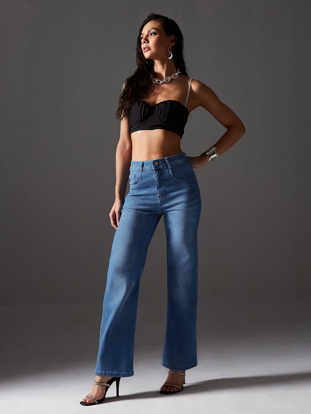 

Miss Chase Women Wide Leg Low Distress Light Fade Stretchable Jeans, Blue