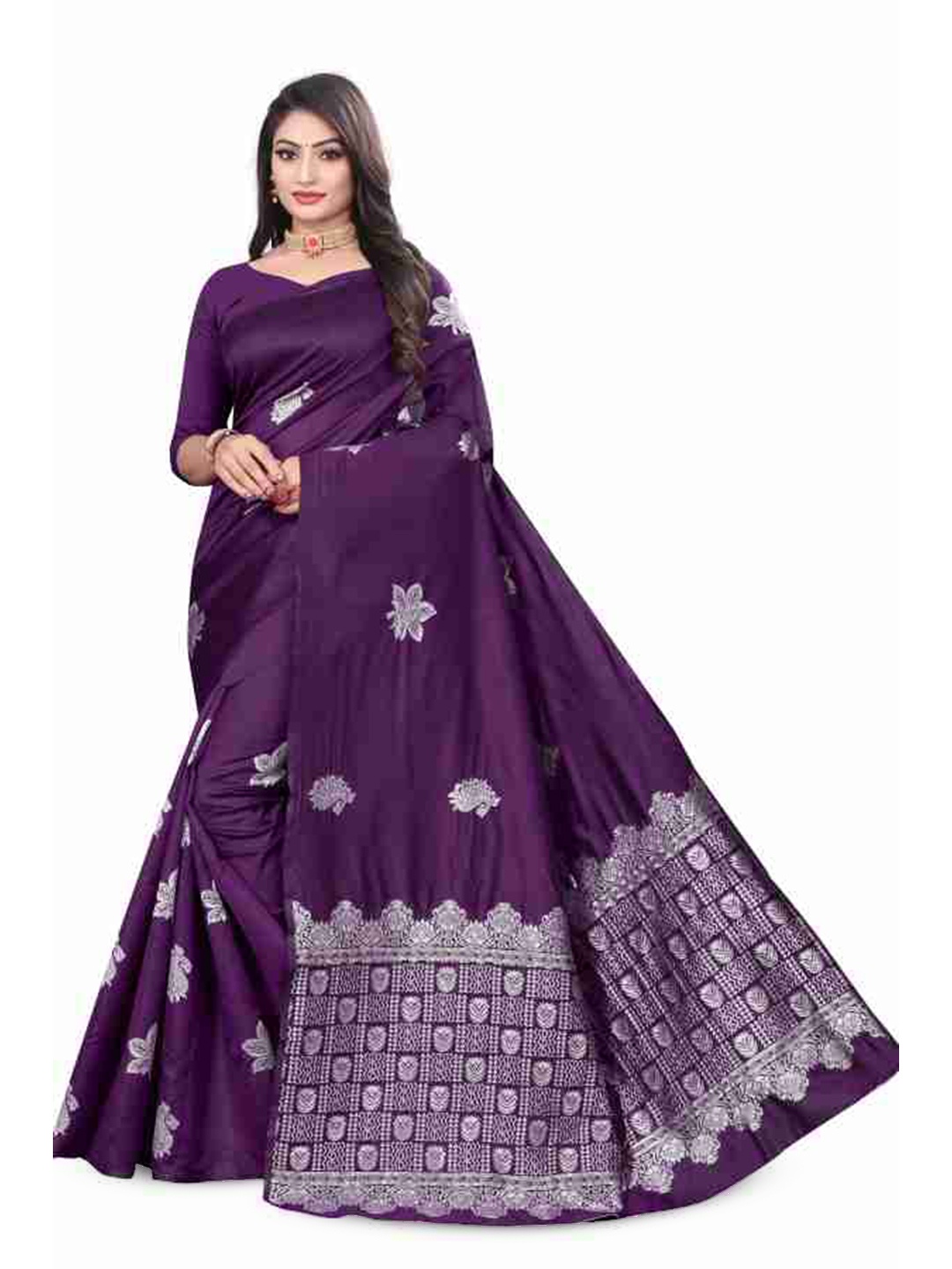 

APNISHA Woven Design Zari Pure Silk Banarasi Saree, Purple