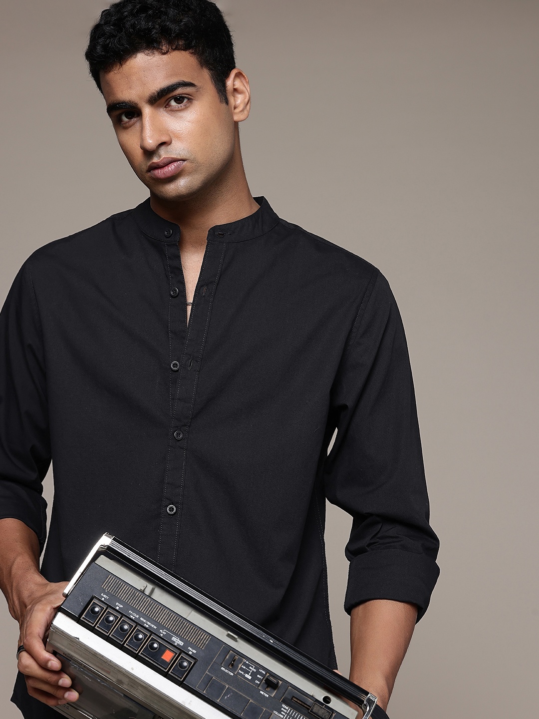 

The Roadster Life Co. Band Collar Pure Cotton Casual Shirt, Black