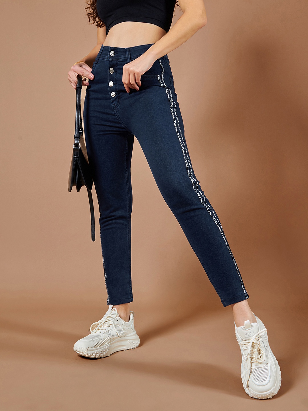 

DOLCE CRUDO Women Skinny Fit High-Rise Mildly Distressed Stretchable Jeans, Navy blue