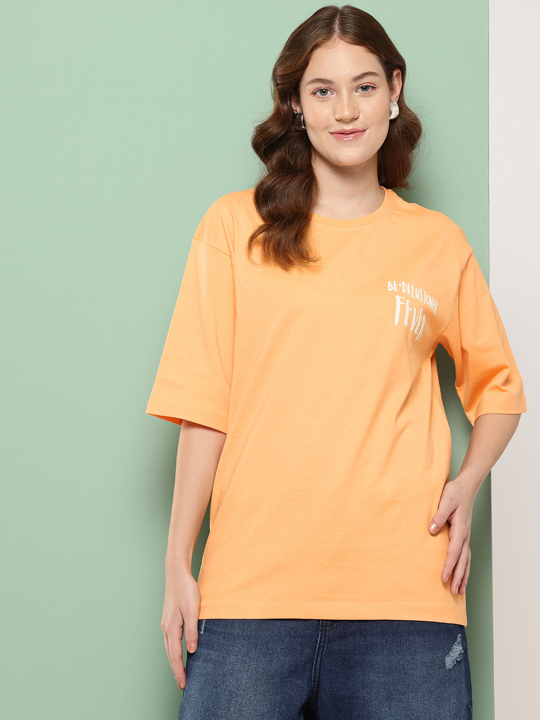 

FEVER HUNT Graphic Printed Drop-Shoulder Sleeves Oversized T-shirt, Orange