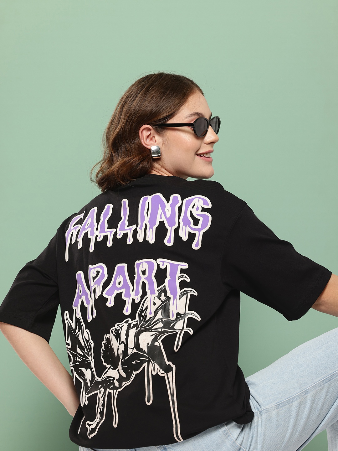 

FEVER HUNT Printed Drop-Shoulder Sleeves Oversized T-shirt, Black