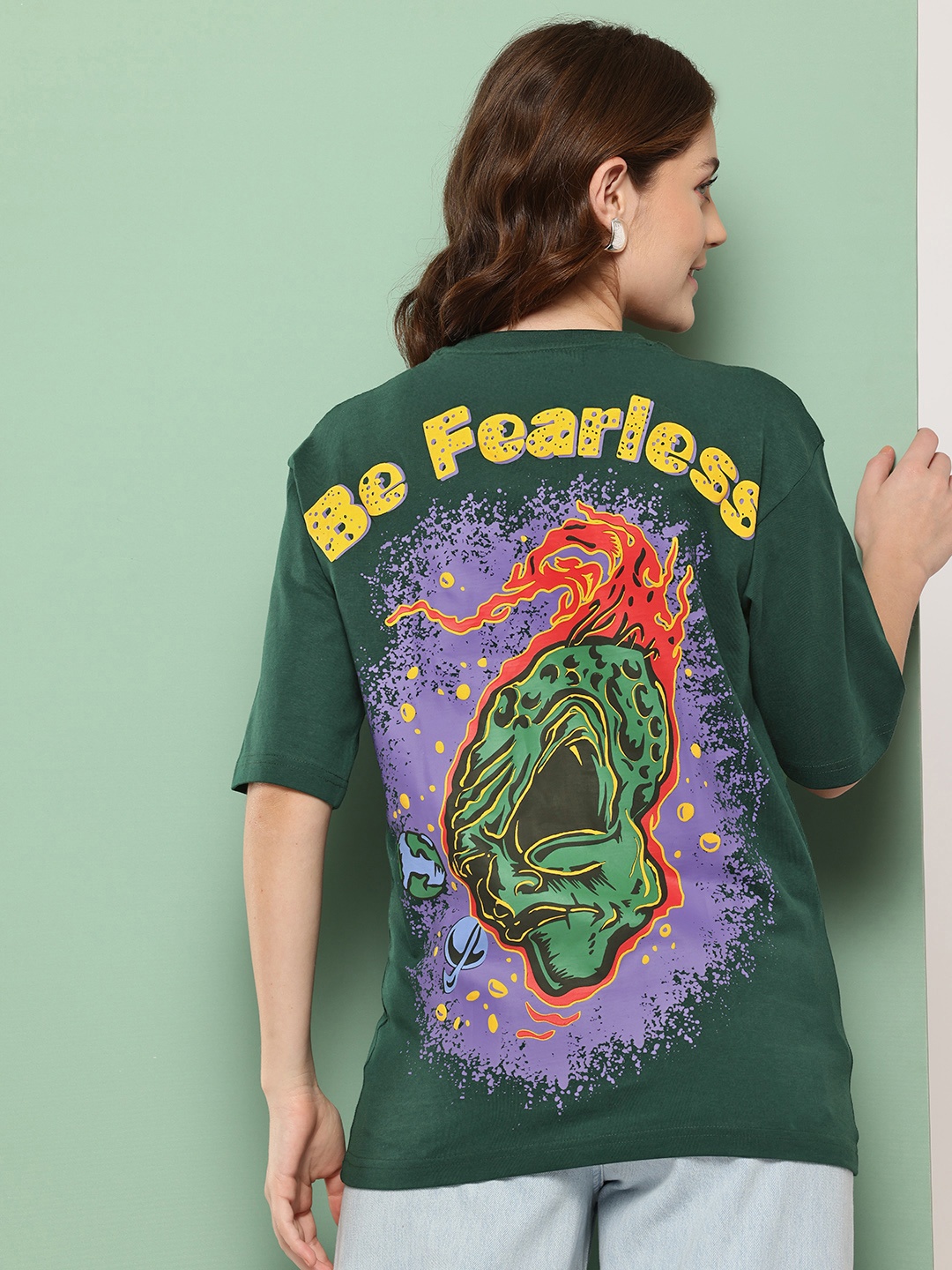 

FEVER HUNT Women Printed Oversized T-shirt, Green