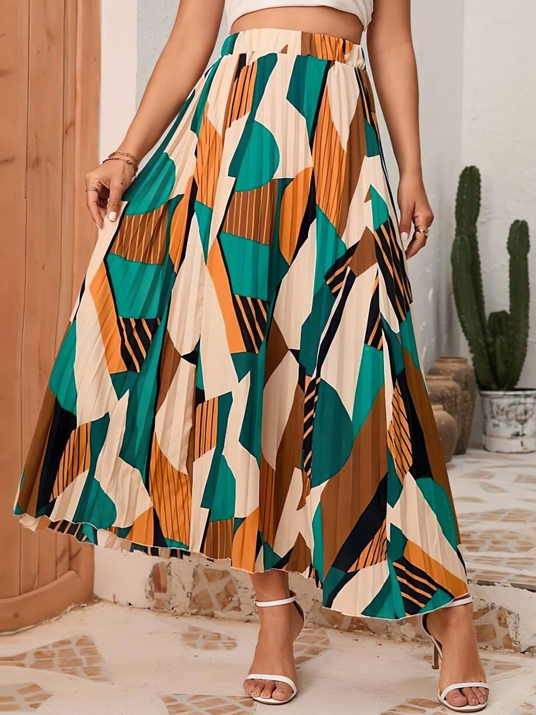 

ZWERLON Women Printed Accordion Pleats Flared Maxi Skirt, Orange
