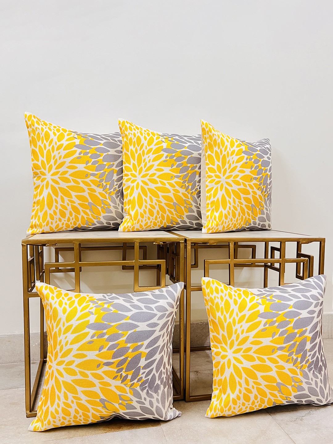 

DIHIKA Yellow & Grey 5 Pieces Abstract Printed Jute Cotton Square Pillow Covers
