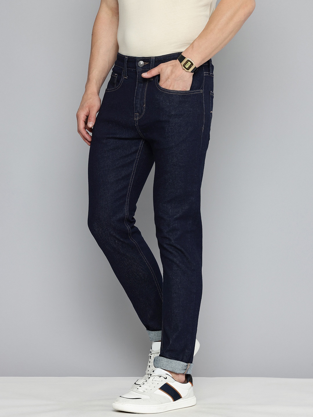 

Flying Machine Men Slash Slim Tapered Fit Stretchable Jeans, Navy blue