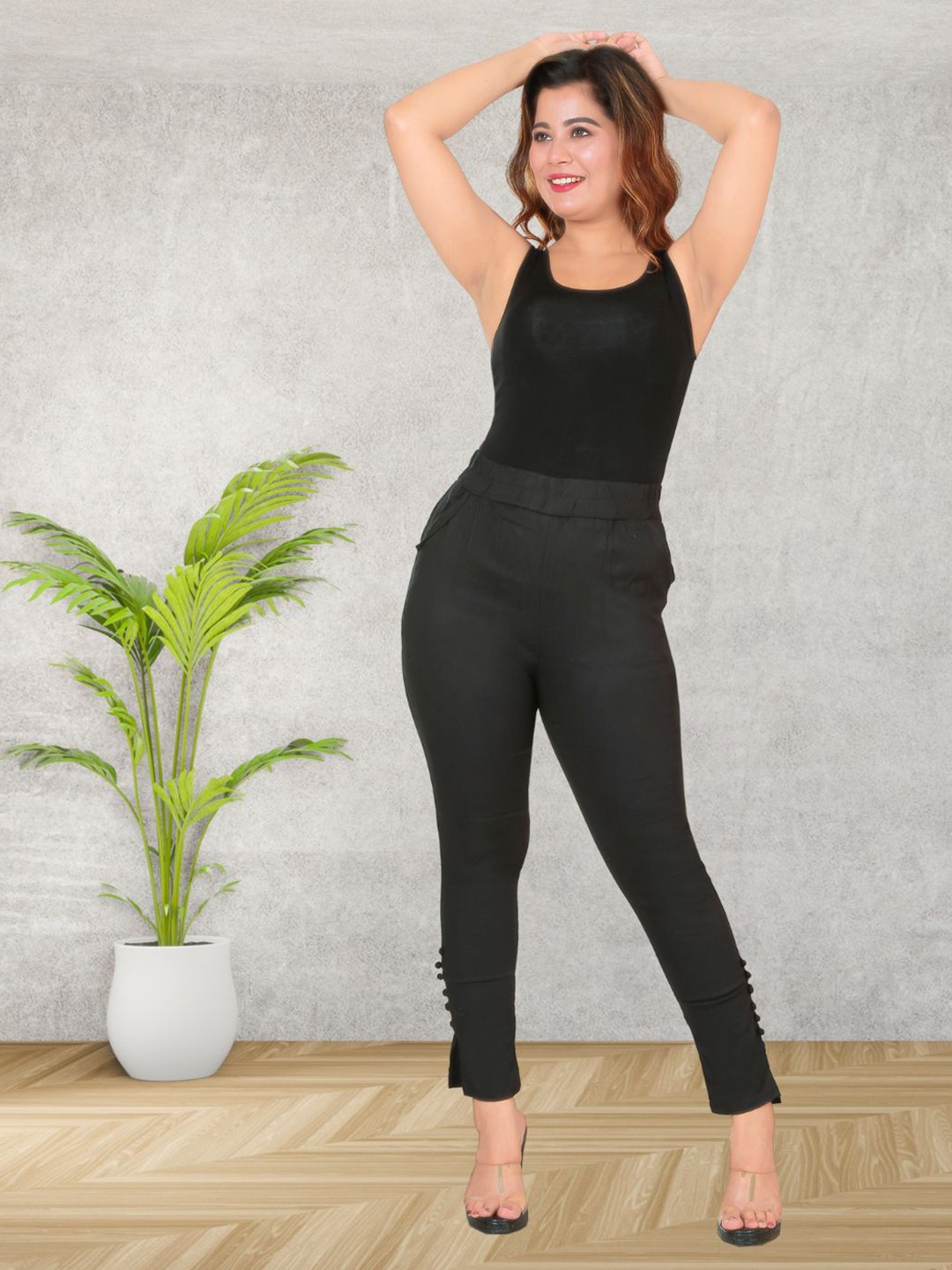

Fessist Pack Of 2 Women Relaxed Slim Fit Easy Wash Pleated Trousers, Black
