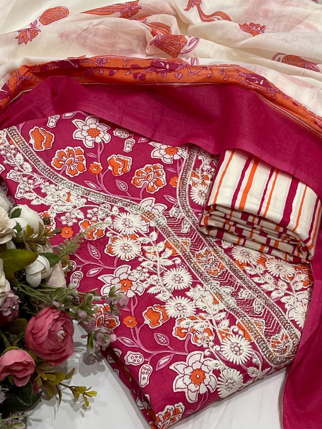 

SALWAR STUDIO Floral Embroidered Sequinned Cotton Unstitched Dress Material, Pink
