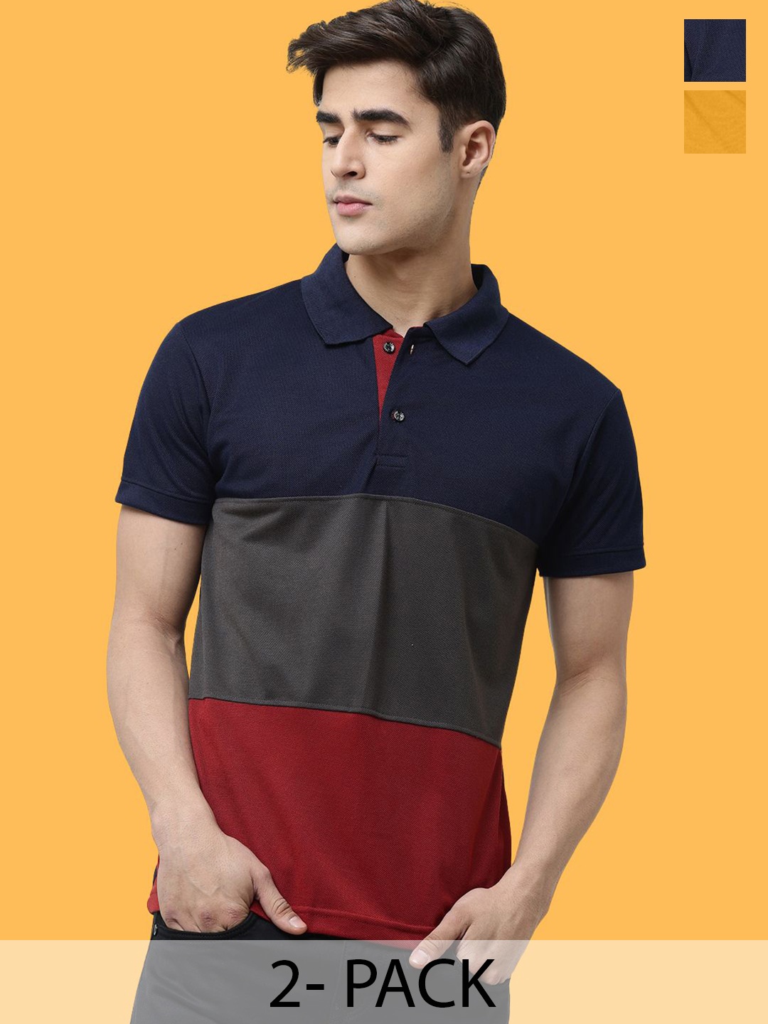 

Leotude Men Pack Of 2 Colourblocked Polo Collar Cotton T-shirts, Navy blue