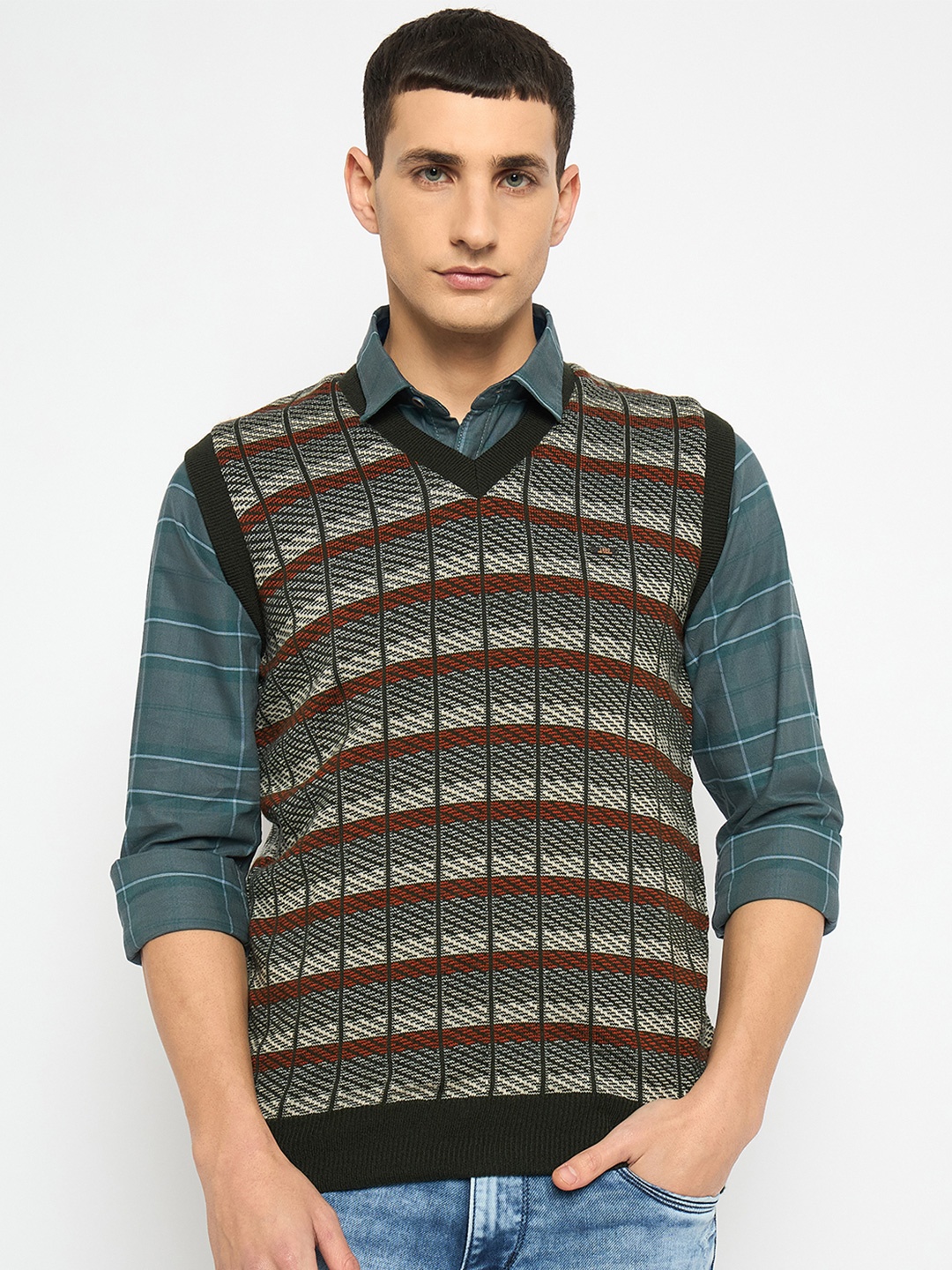 

Duke Men Striped V-Neck Pullover Sweater, Green