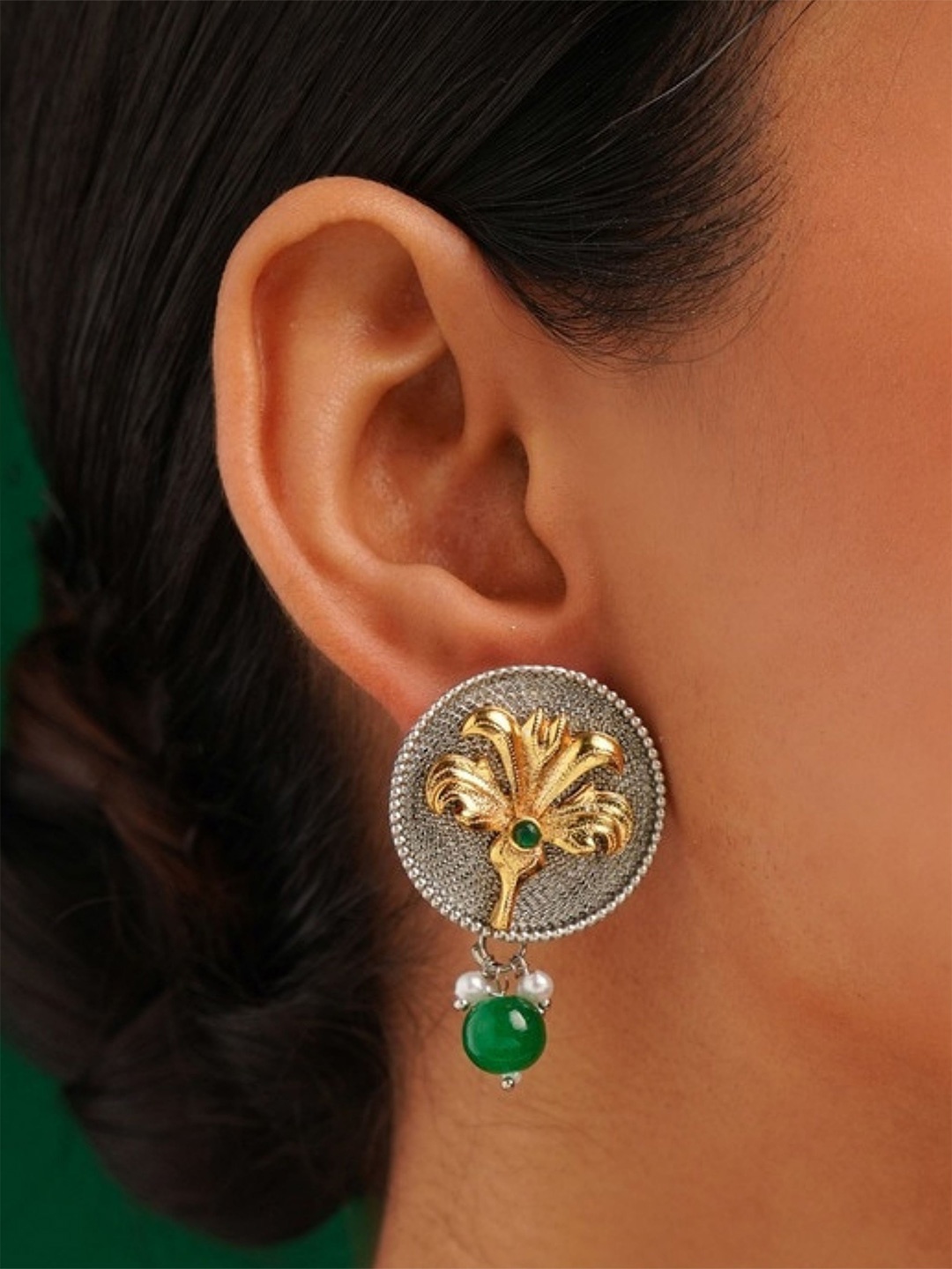 

ABDESIGNS Silver-Plated Artificial Stones and Beads Floral Drop Earrings