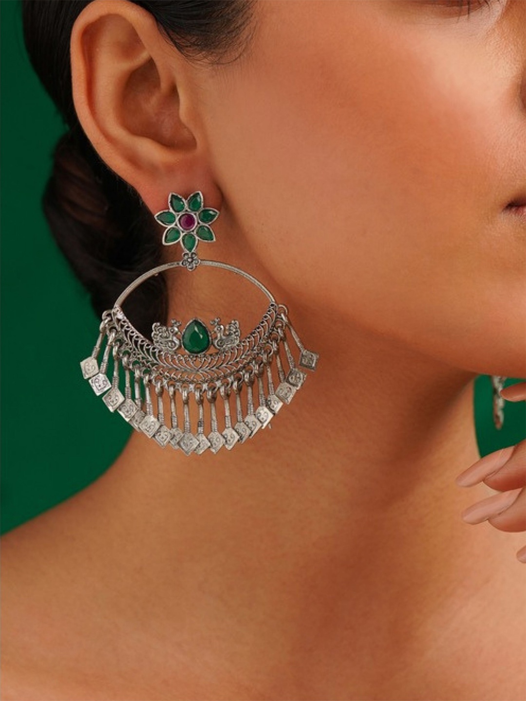 

ABDESIGNS Silver-Plated Artificial Stones Chandbalis Crescent Earrings