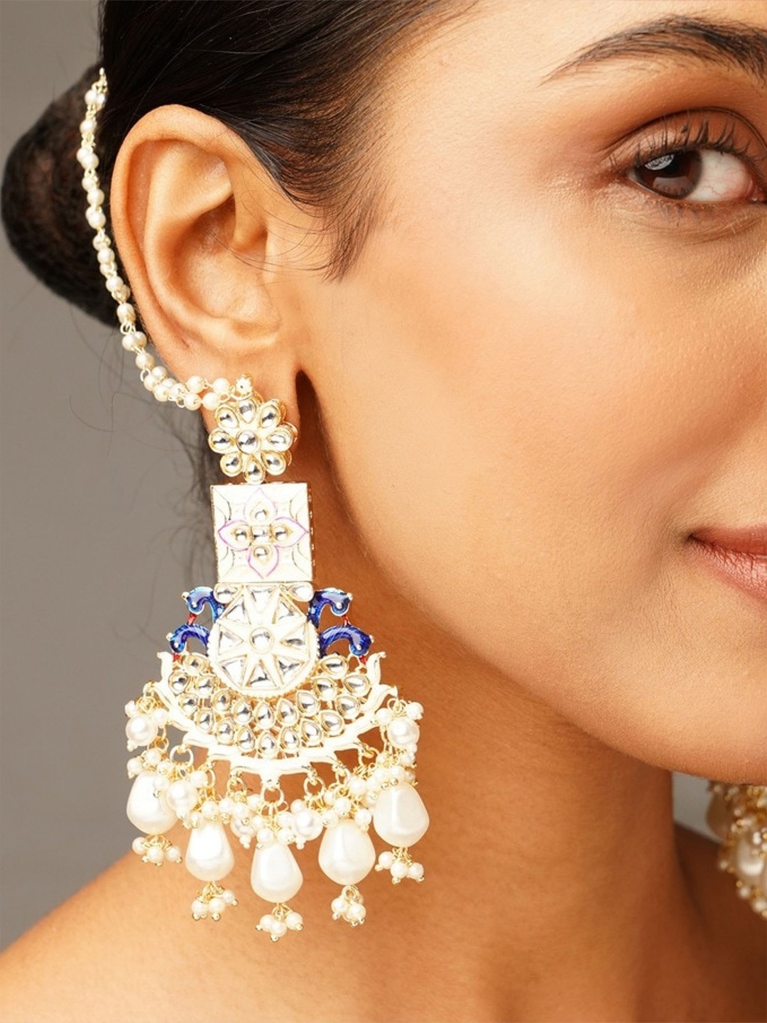 

ABDESIGNS Gold-Plated Kundan Peacock Shaped Chandbalis Earrings