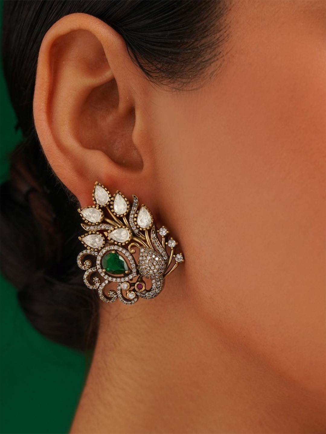 

ABDESIGNS Gold-Plated American Diamond Peacock Shaped Studs