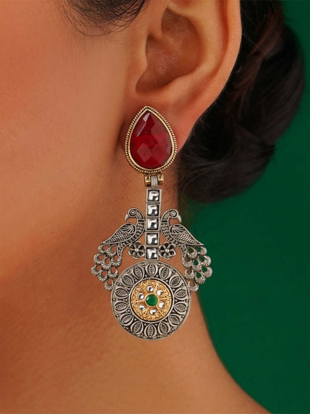 

ABDESIGNS Silver-Plated Artificial Stones Peacock Shaped Drop Earrings