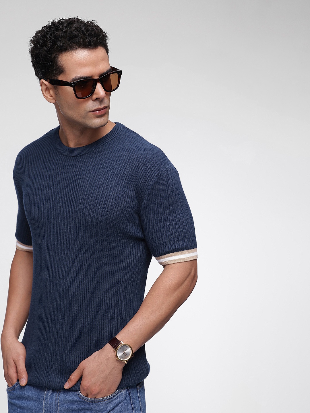 

French Connection Men Slim Fit Pure Cotton T-shirt, Navy blue