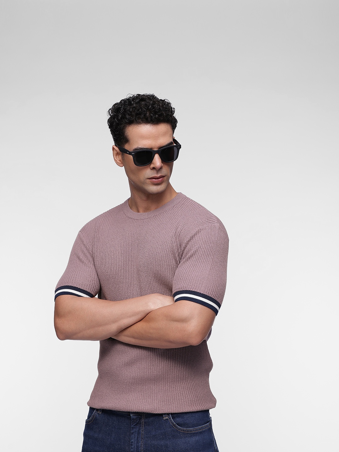 

French Connection Knitted Pure Cotton Slim Fit T-shirt with Contrast Hem, Mauve