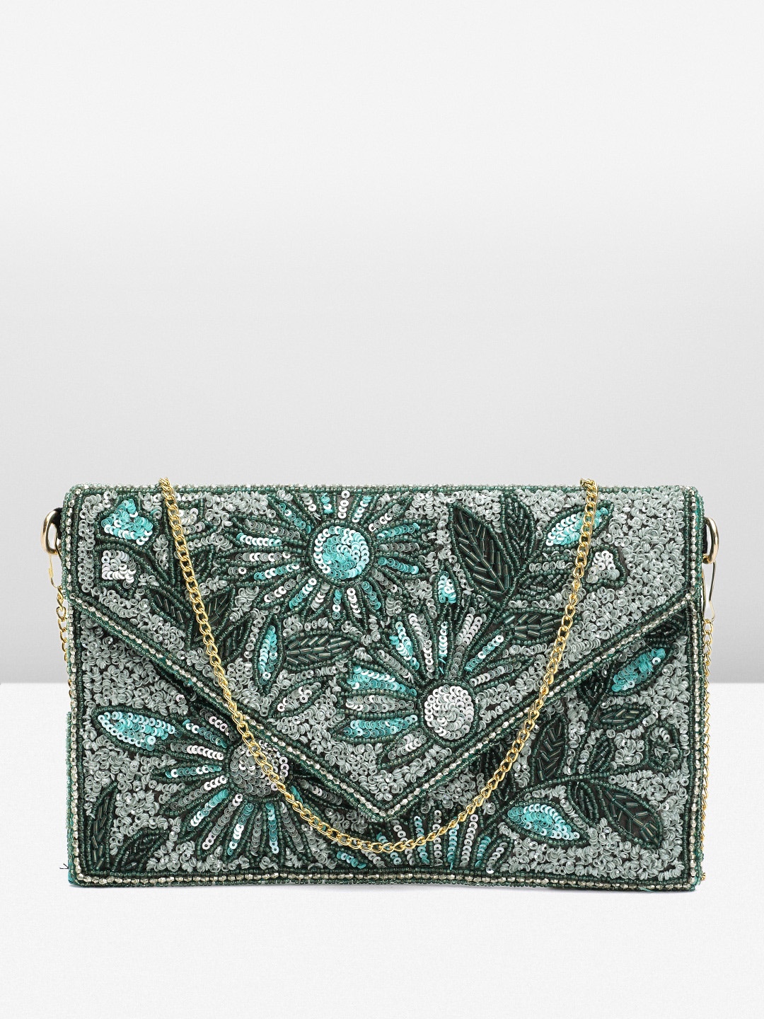 

FABBHUE Embroidered Envelope Clutch, Green