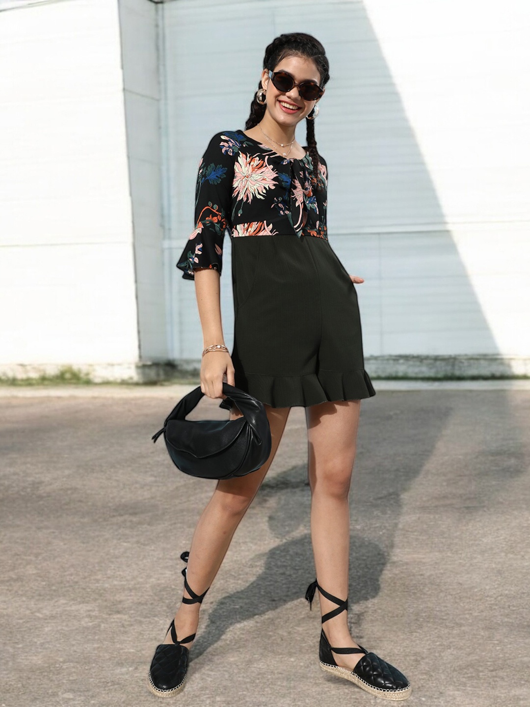 

Miss Chase Women Floral Printed Bell Sleeve Jumpsuit, Black