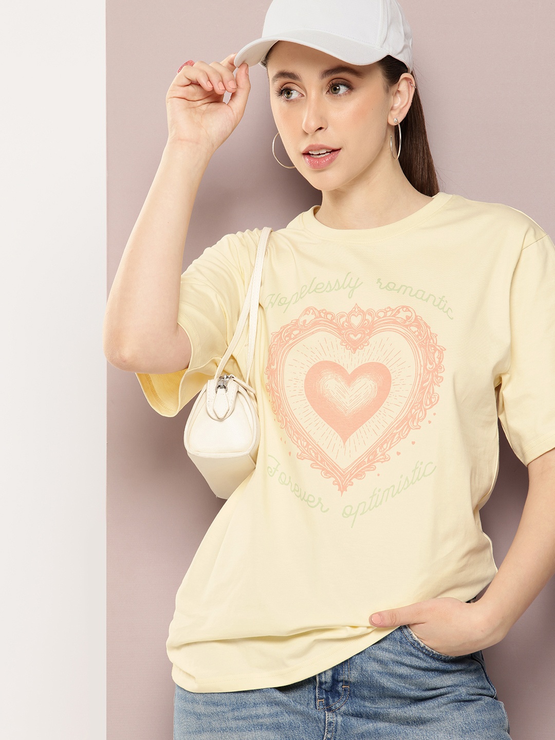 

DILLINGER Women Printed Drop-Shoulder Sleeves Oversized Pure Cotton T-shirt, Yellow