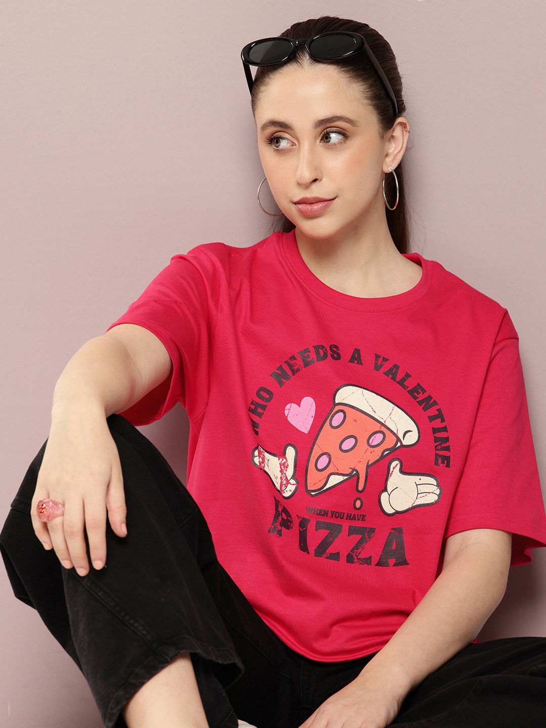 

DILLINGER Women Printed Drop-Shoulder Sleeves Oversized Pure Cotton T-shirt, Pink
