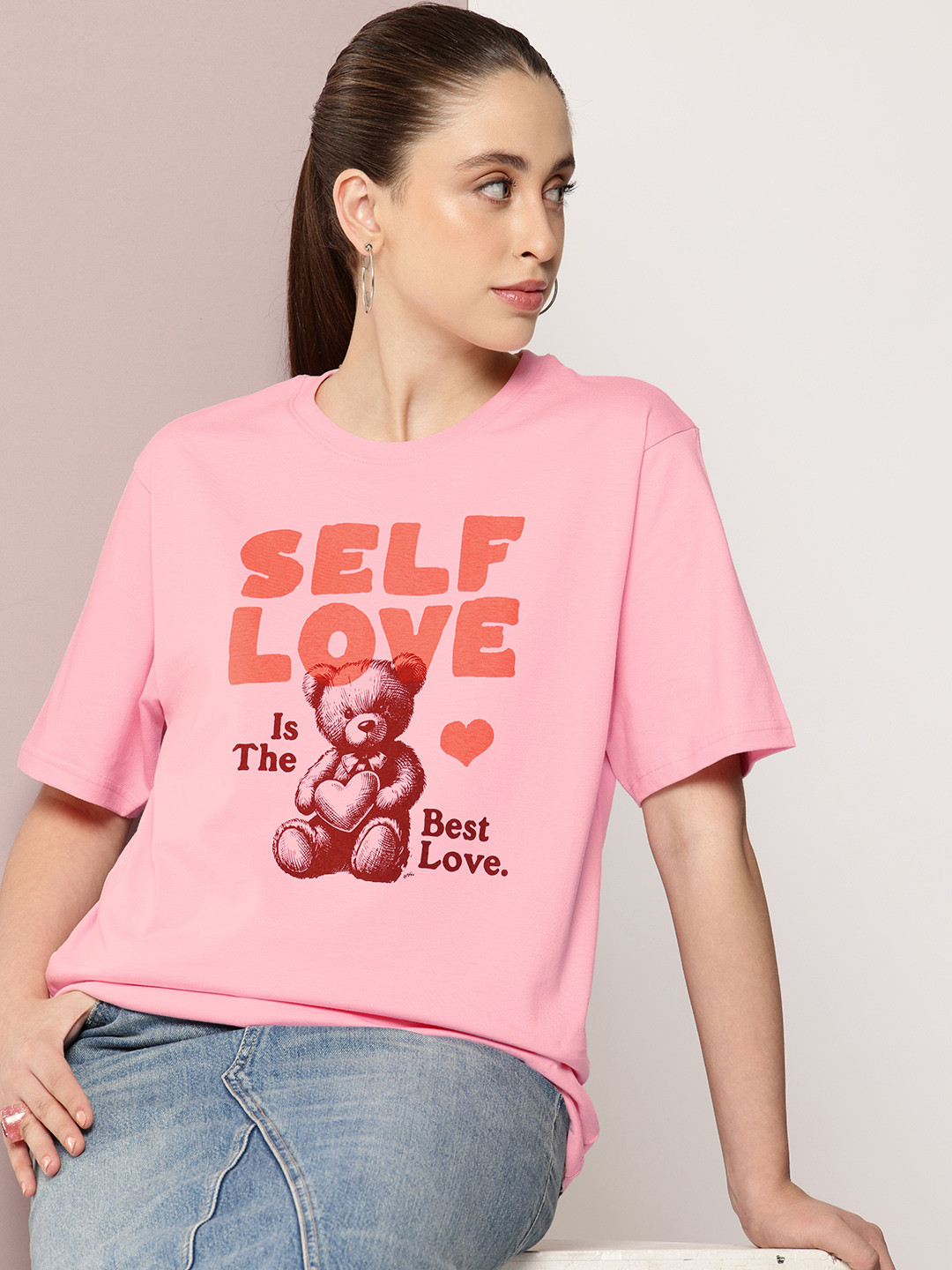 

DILLINGER Women Typography Printed Drop-Shoulder Sleeves Oversized Pure Cotton T-shirt, Pink