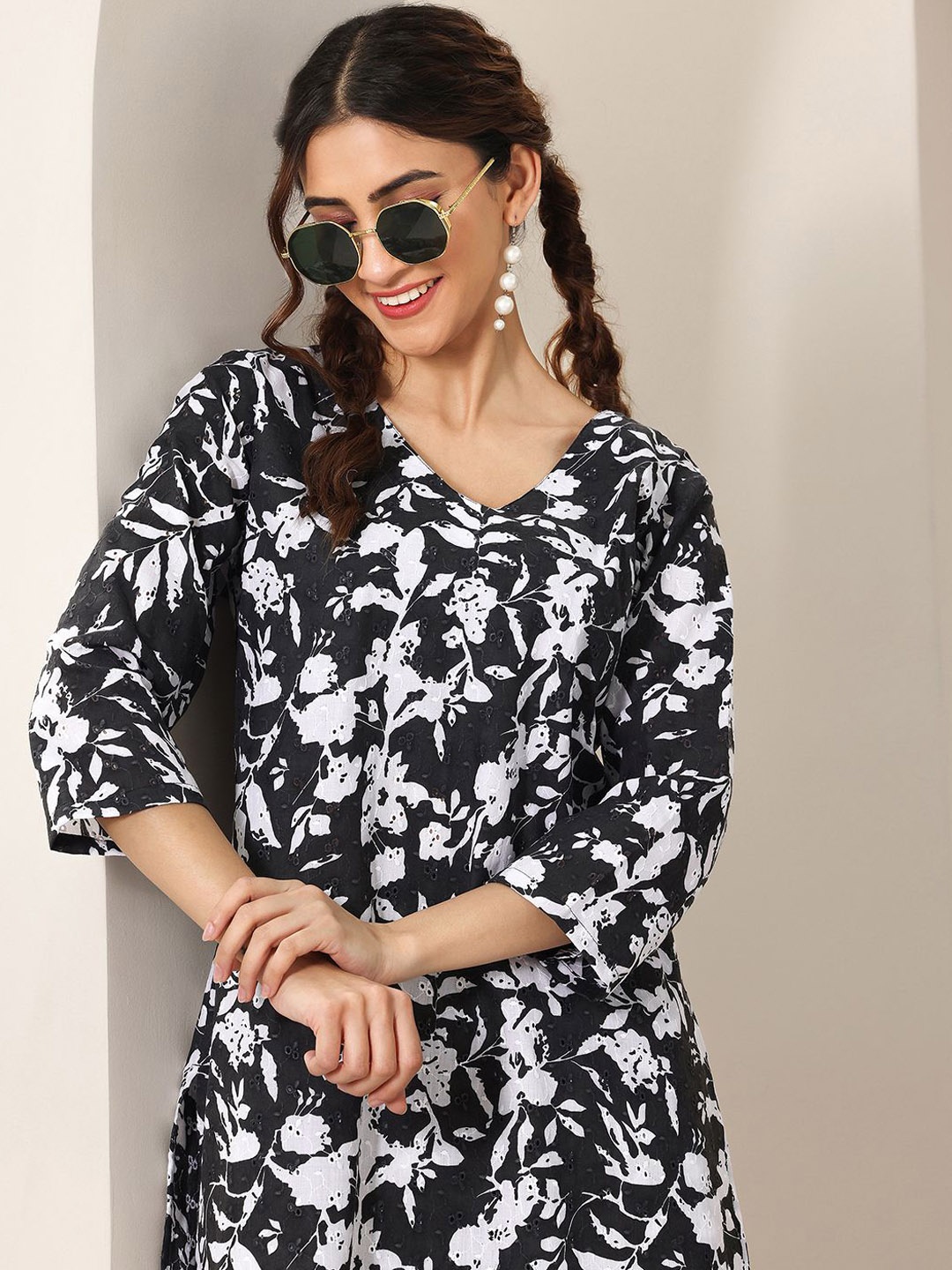 

Libas Floral Printed V-Neck Schiffli Embroidered Tunic & Trouser, Black