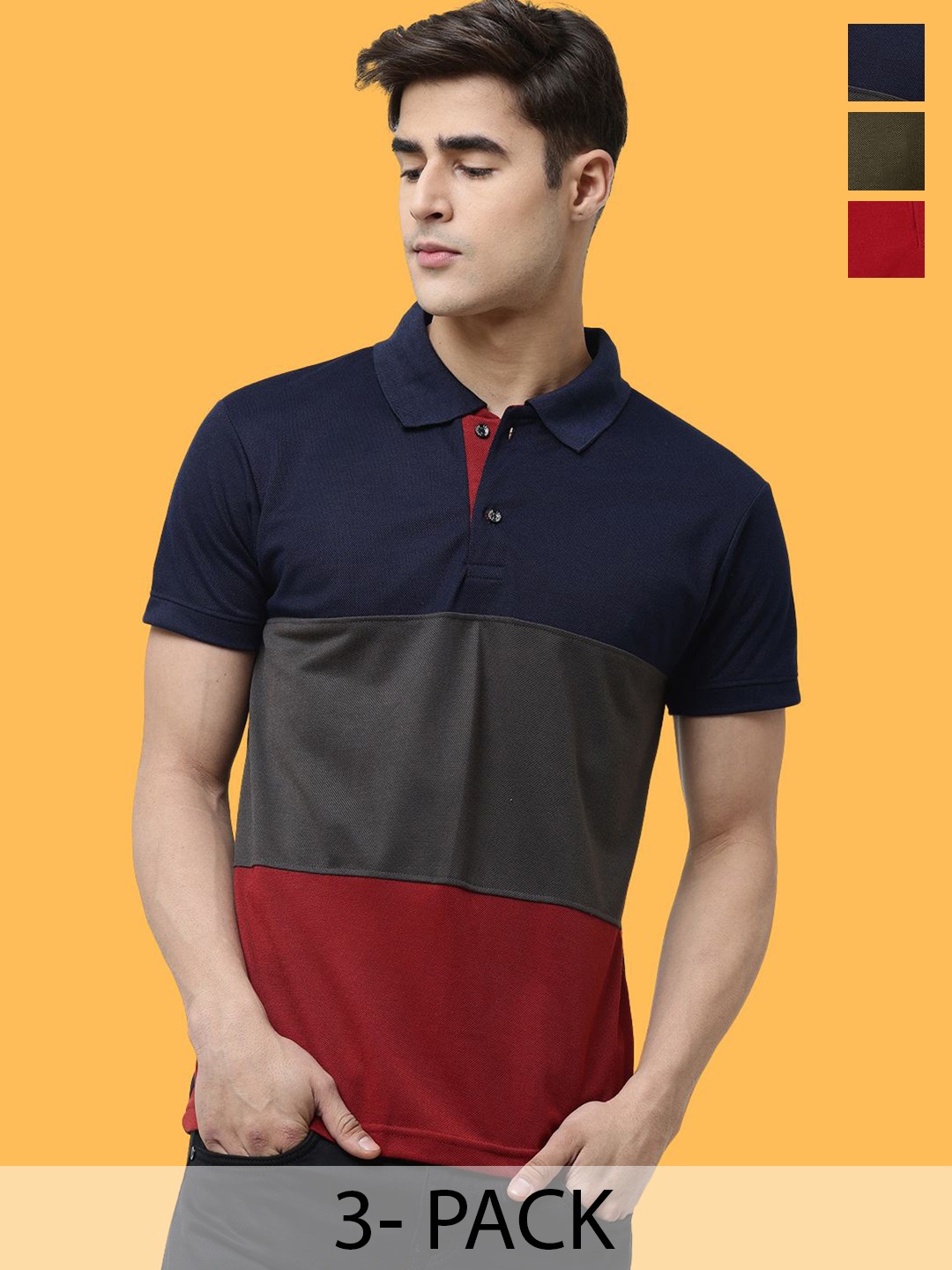 

Leotude Men Pack Of 3 Colourblocked Polo Collar Cotton T-shirts, Navy blue