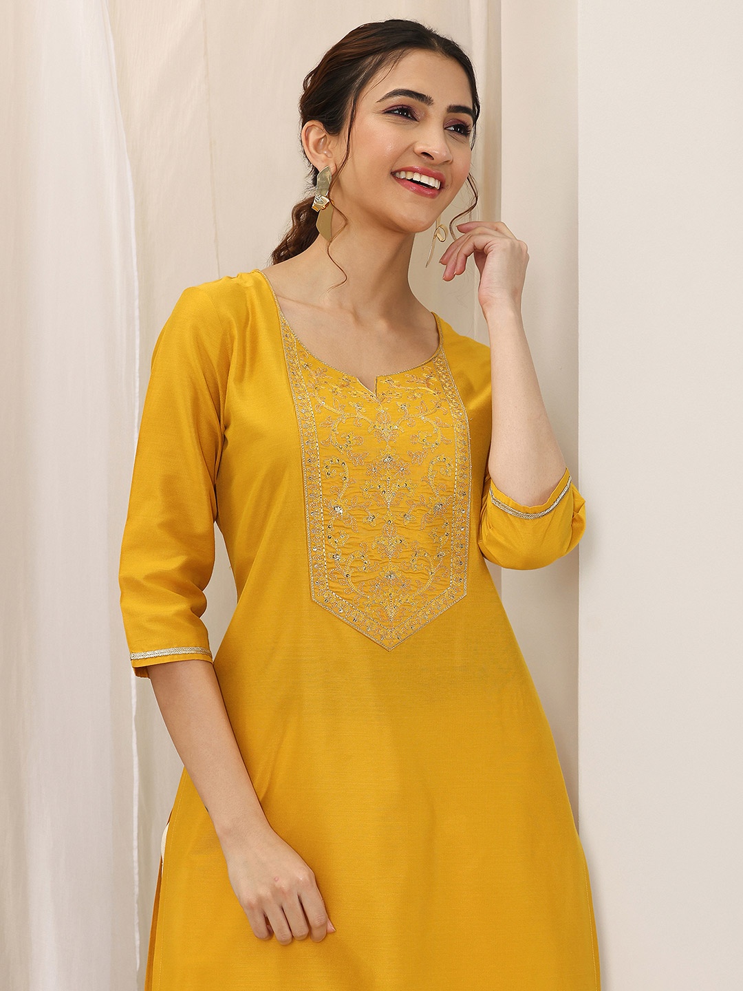 

Libas Floral Yoke Design Notch Neck Sequinned Straight Kurtas, Mustard