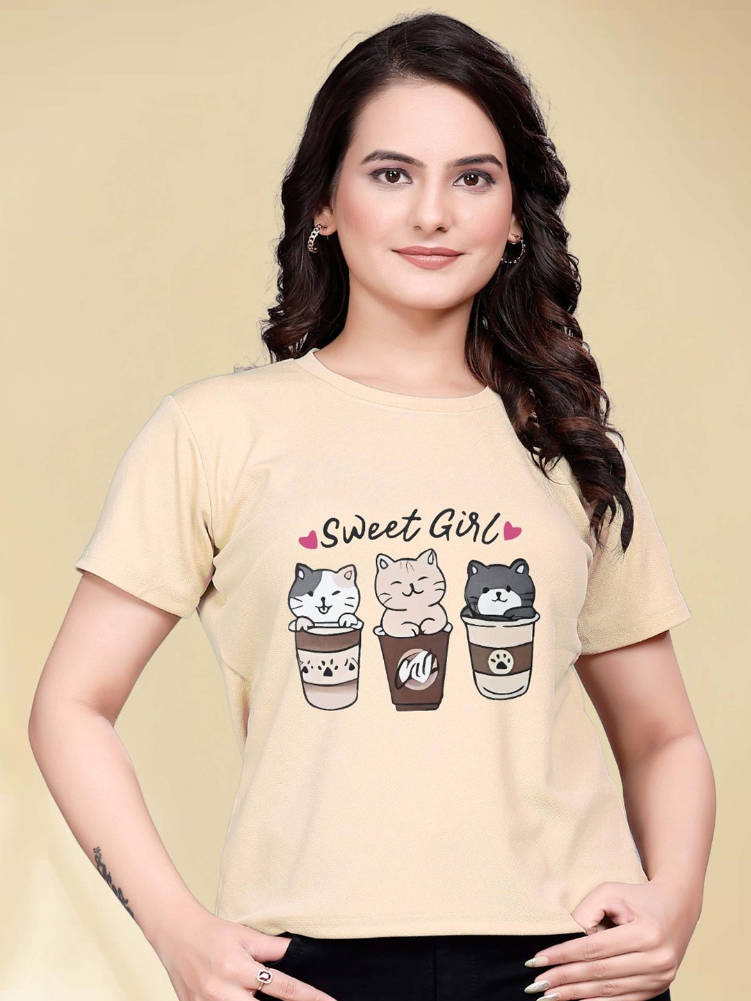 

Moda Rapido Women Printed Round Neck Tshirt, Cream