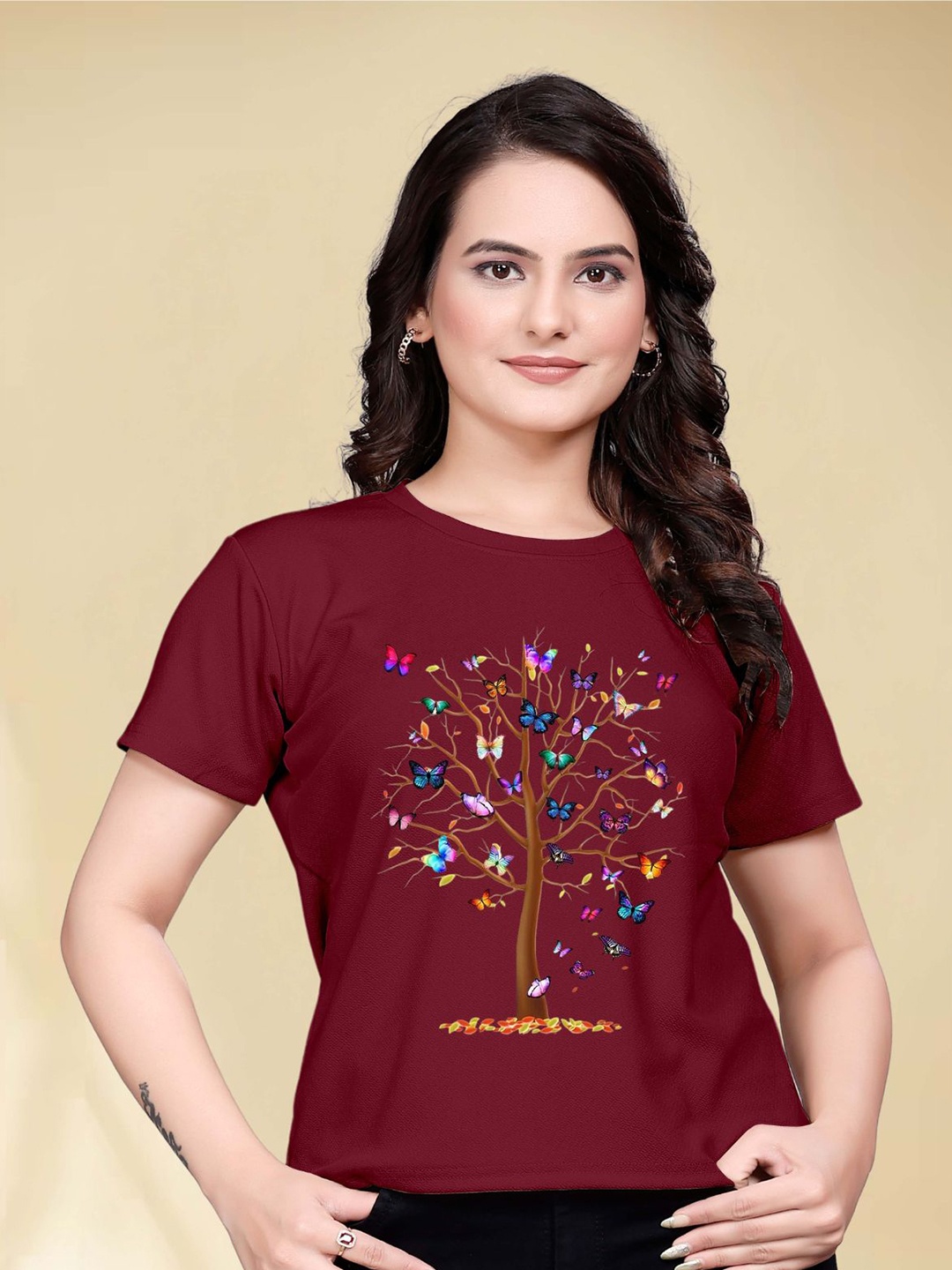 

Moda Rapido Women Printed Round Neck Tshirt, Maroon