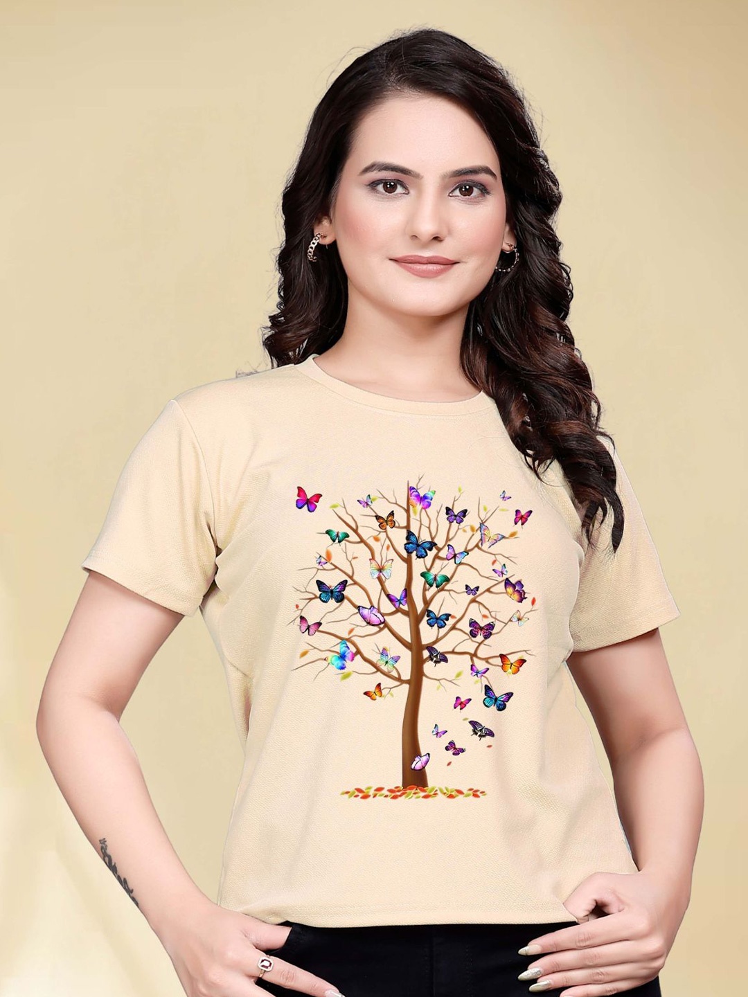 

Moda Rapido Women Printed Round Neck Tshirt, Cream