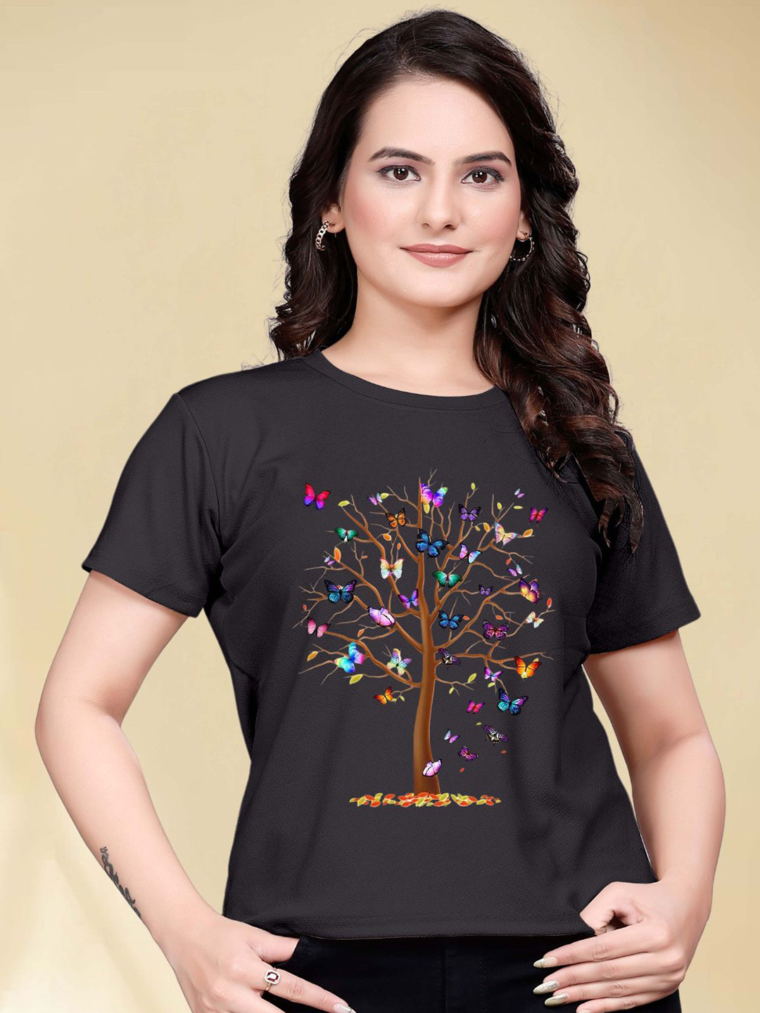 

Moda Rapido Women Printed Round Neck Tshirt, Black