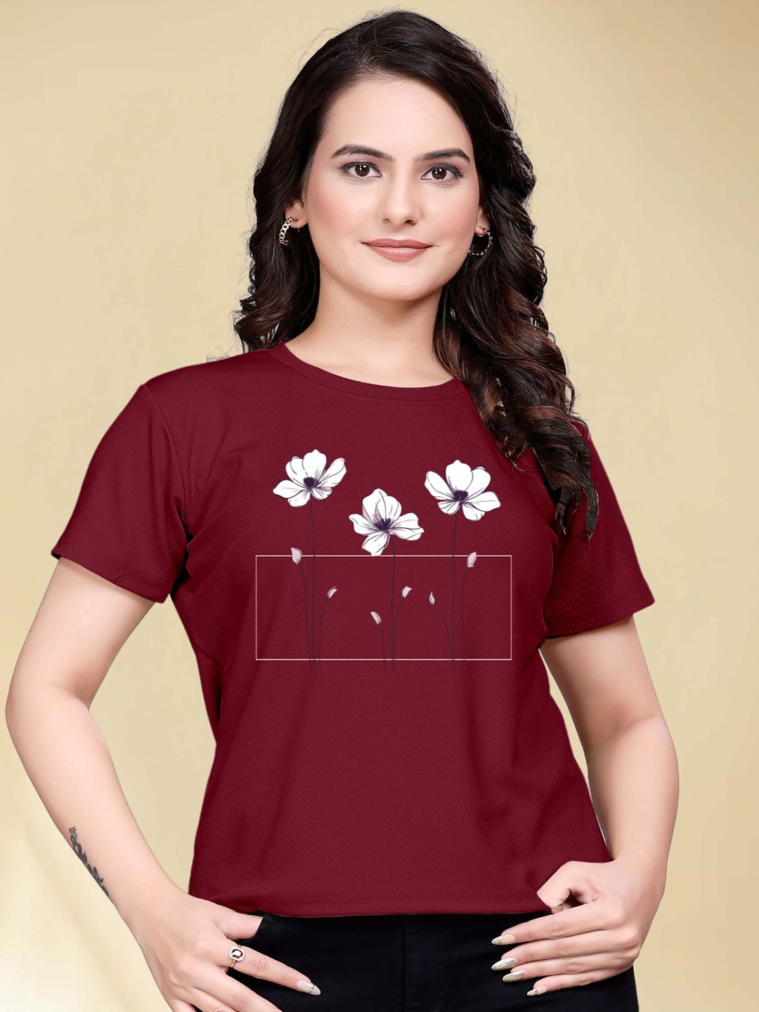 

Moda Rapido Women Printed Round Neck Tshirt, Maroon