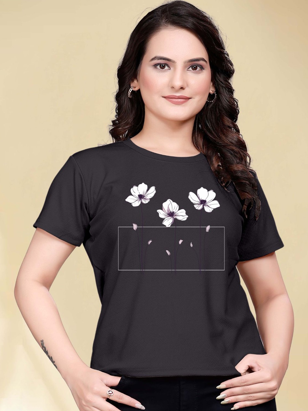 

Moda Rapido Women Floral Printed Round Neck Cotton T-shirt, Black