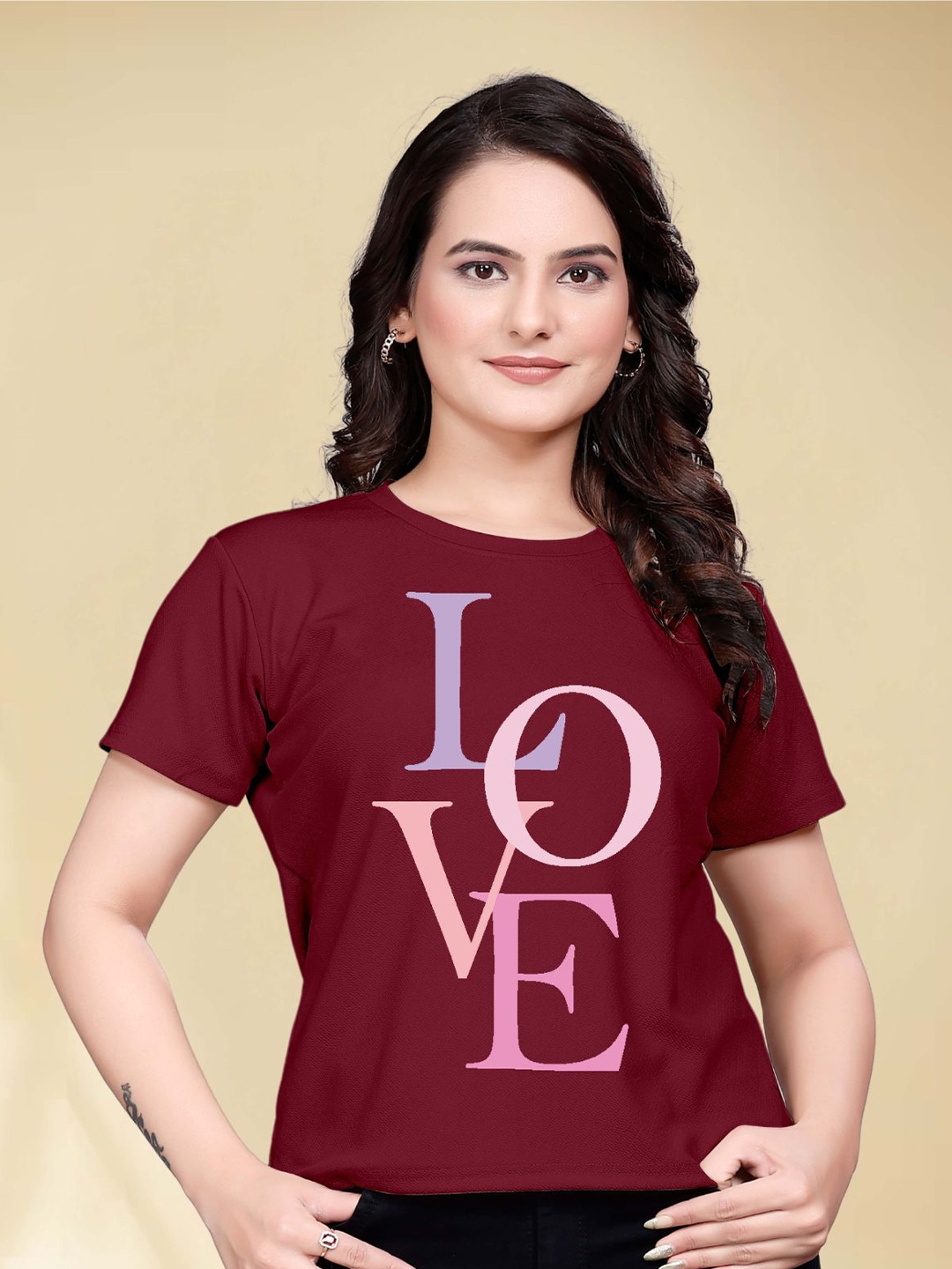 

Moda Rapido Women Printed Round Neck Tshirt, Maroon