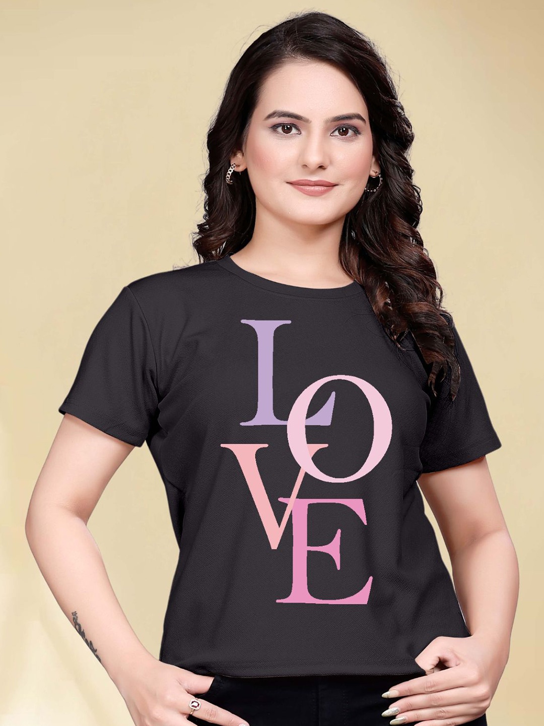 

Moda Rapido Women Printed Round Neck Tshirt, Black