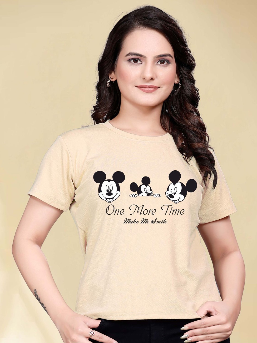 

Moda Rapido Women Printed Round Neck Tshirt, Beige
