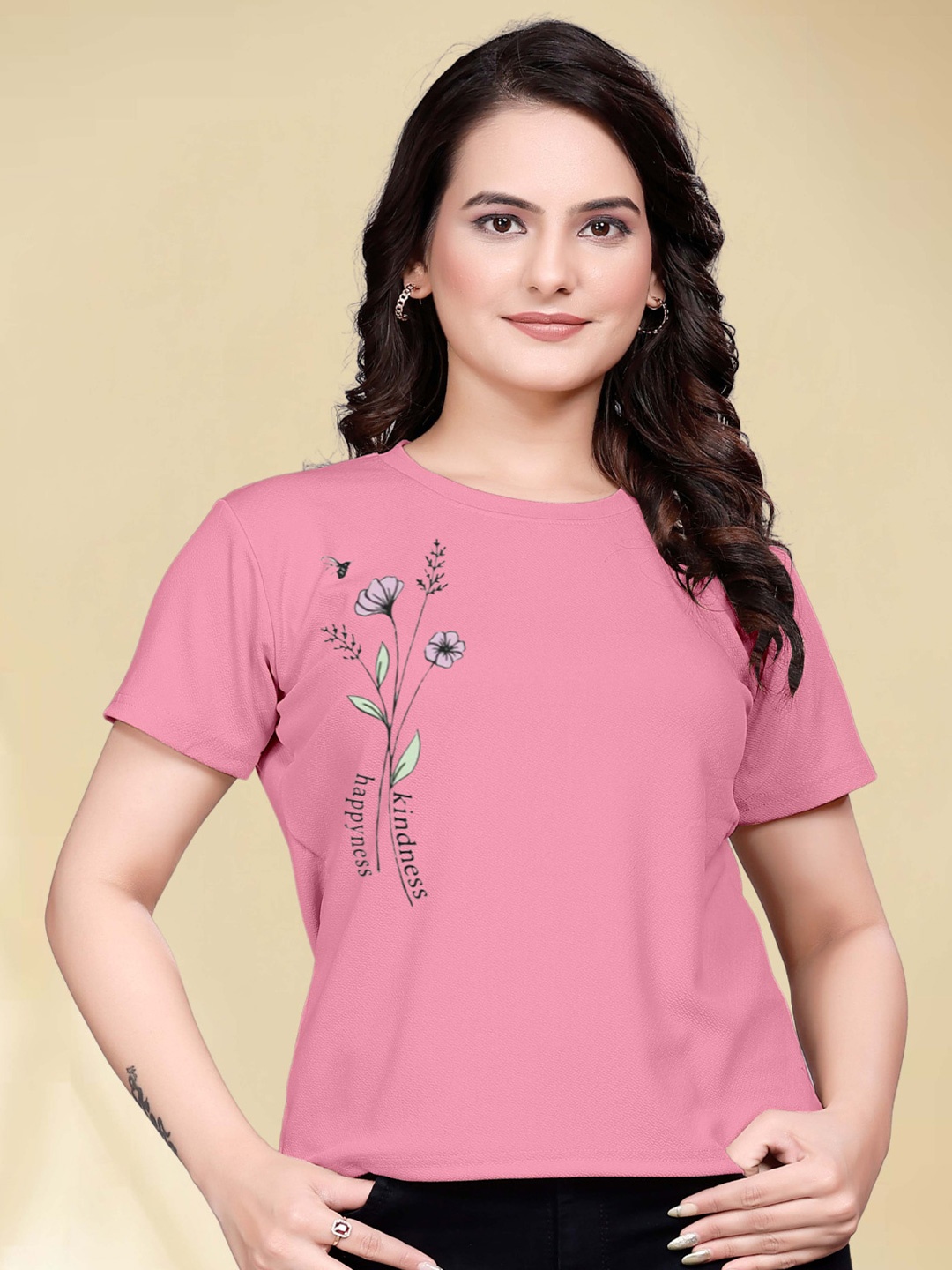 

Moda Rapido Women Printed Round Neck Tshirt, Pink