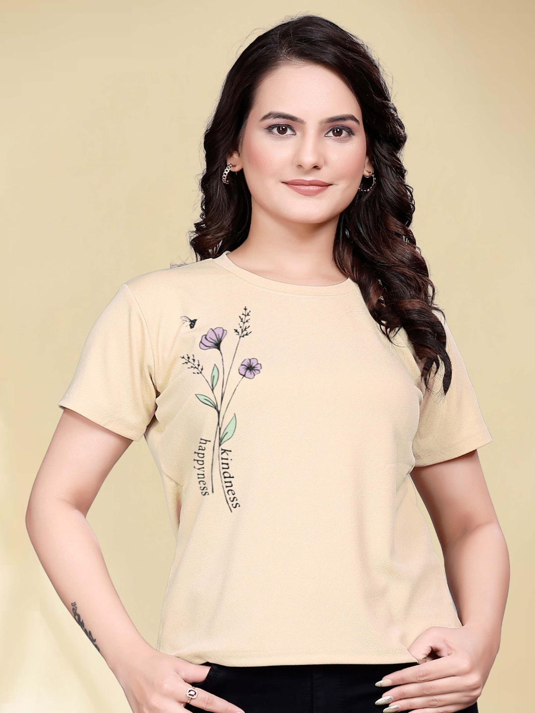 

Moda Rapido Women Printed Round Neck Tshirt, Cream