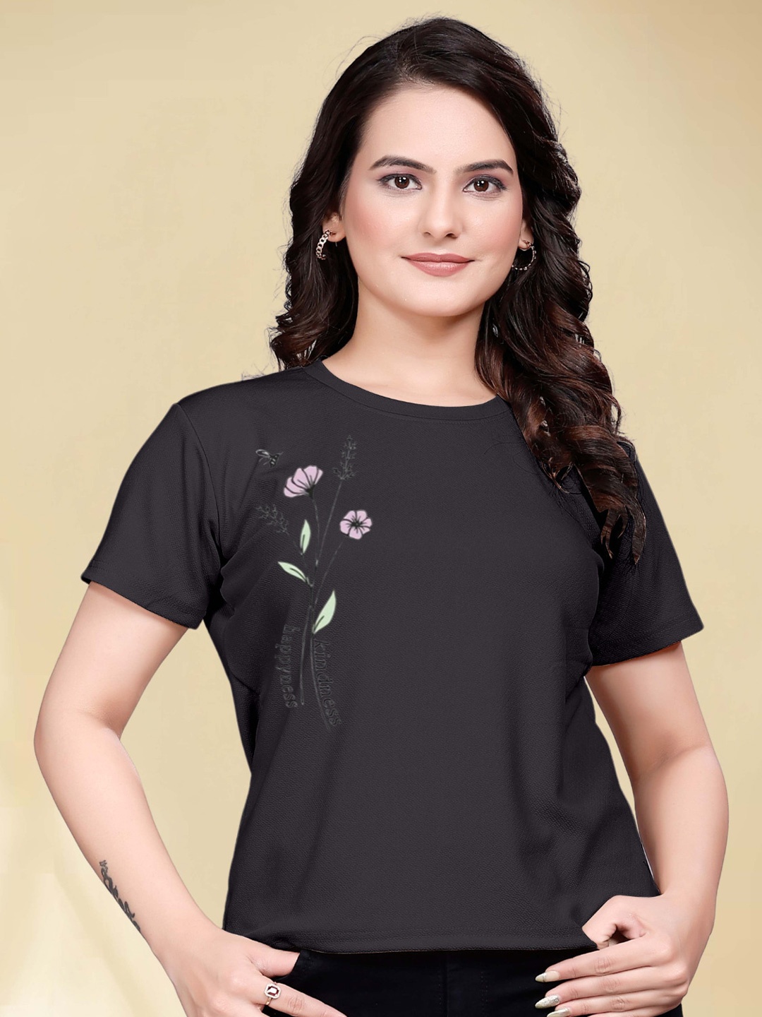 

Moda Rapido Women Printed Round Neck T-shirt, Black