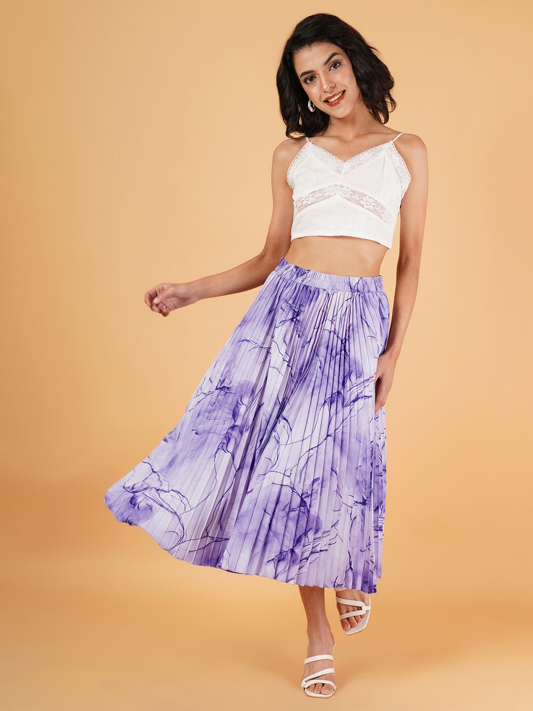 ZWERLON Floral Printed Accordion Pleated A-Line Midi Skirt, Lavender