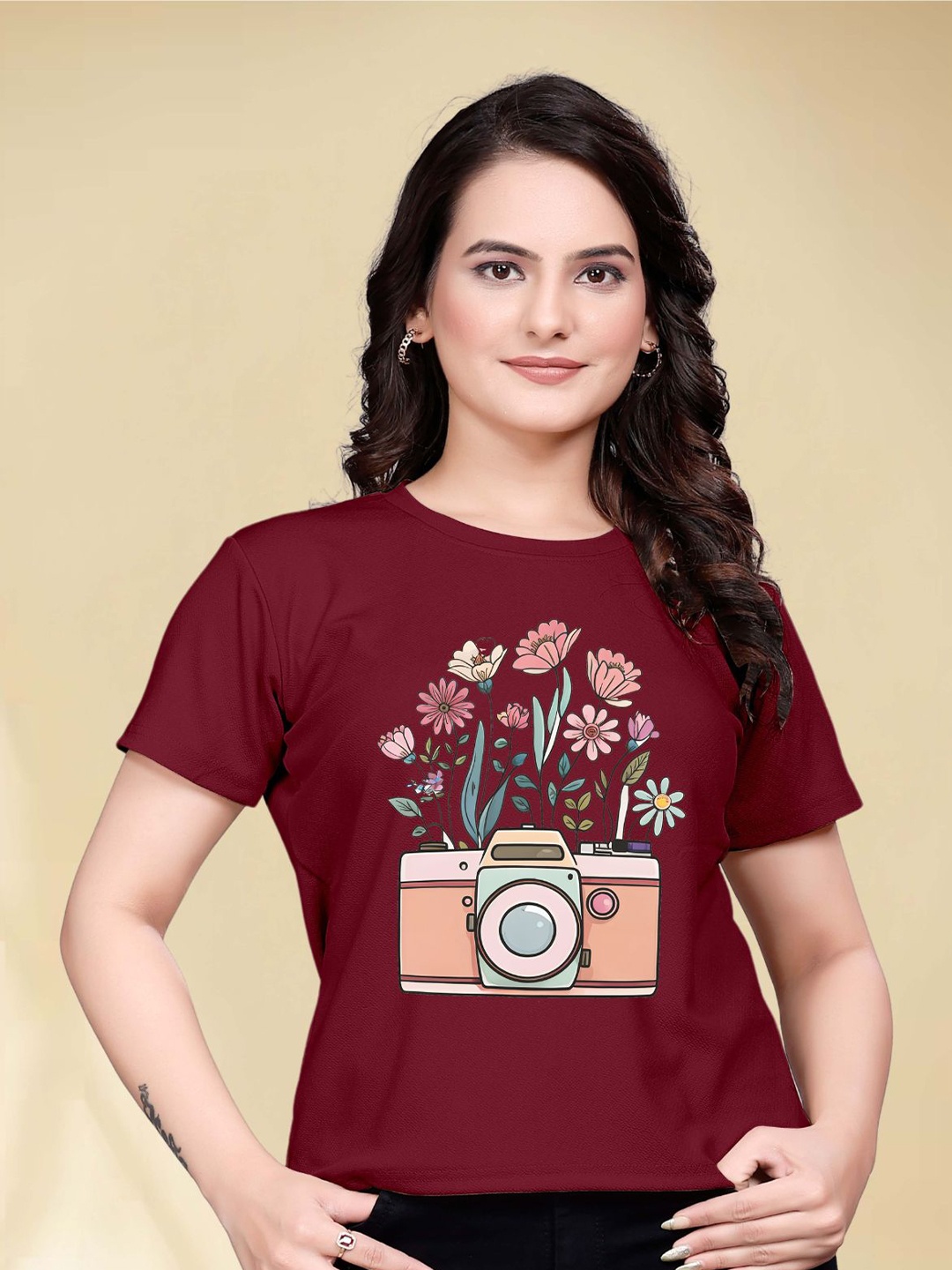

Moda Rapido Women Printed Round Neck Tshirt, Maroon