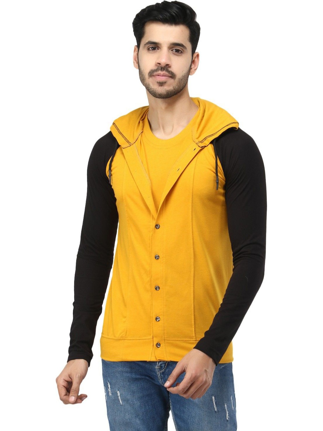 

Black Collection Men Colourblocked Hooded Cotton Sweatshirt, Mustard