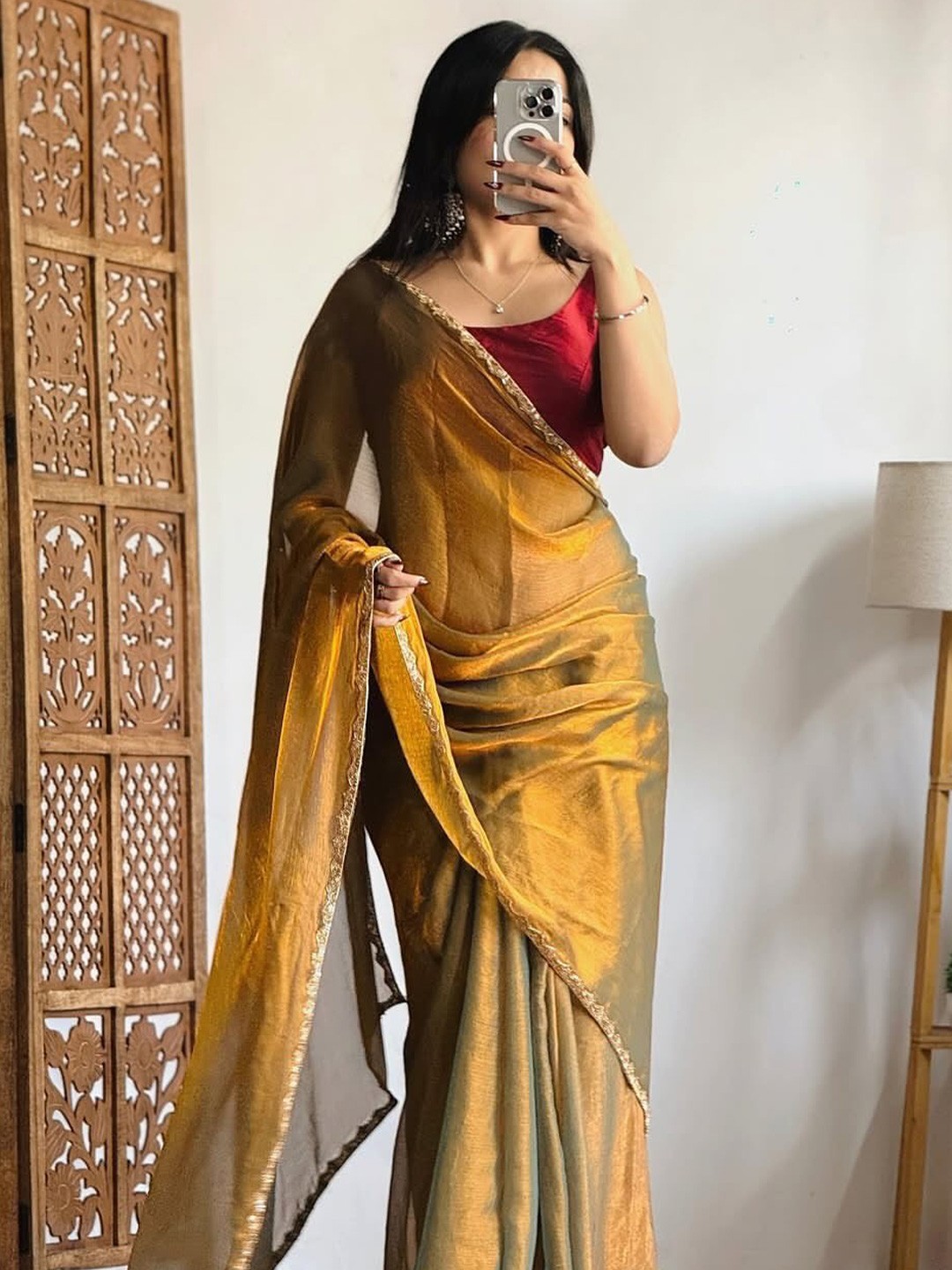 

Mitera Beads and Stones Satin Saree, Gold