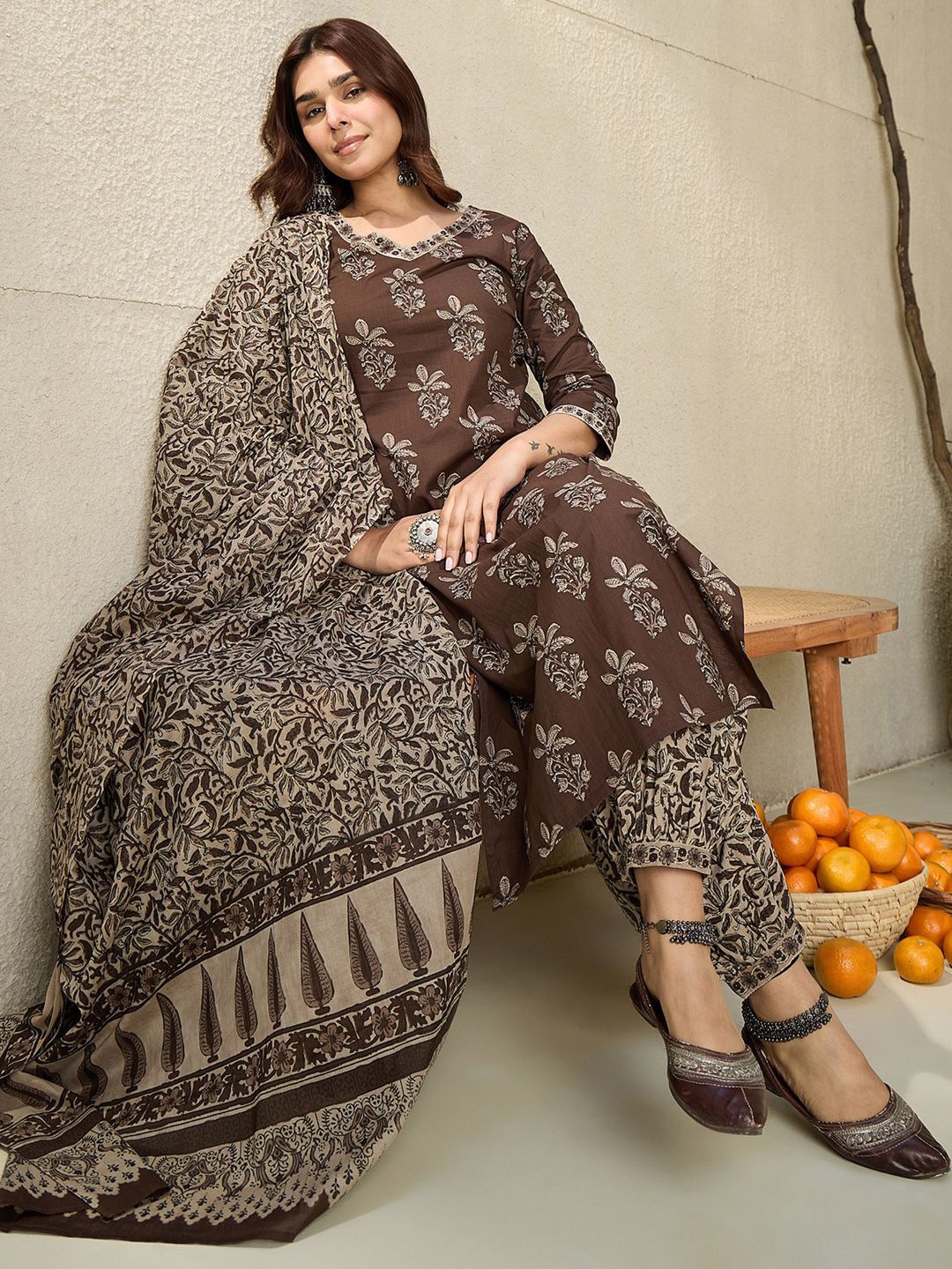 

Indo Era Floral Printed V Neck Pure Cotton Kurta With Salwar & With Dupatta, Brown