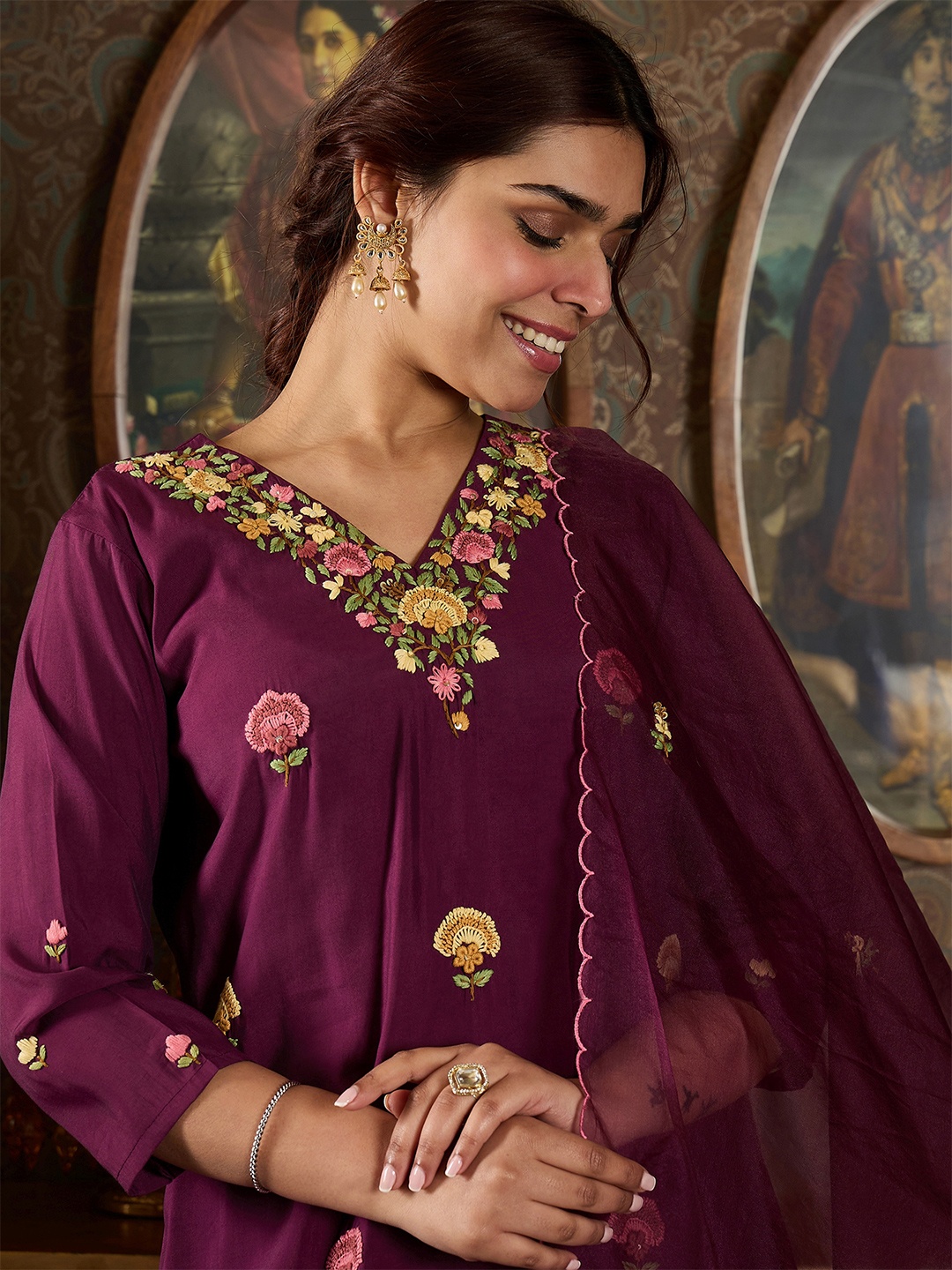

Indo Era Floral Embroidered Thread Work Kurta With Trousers And Dupatta, Burgundy