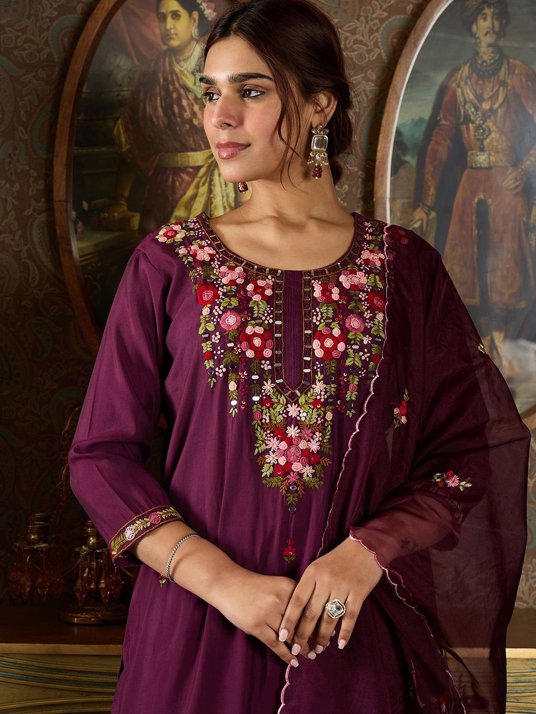 

Indo Era Floral Embroidered Kurta With Trousers & Dupatta, Burgundy