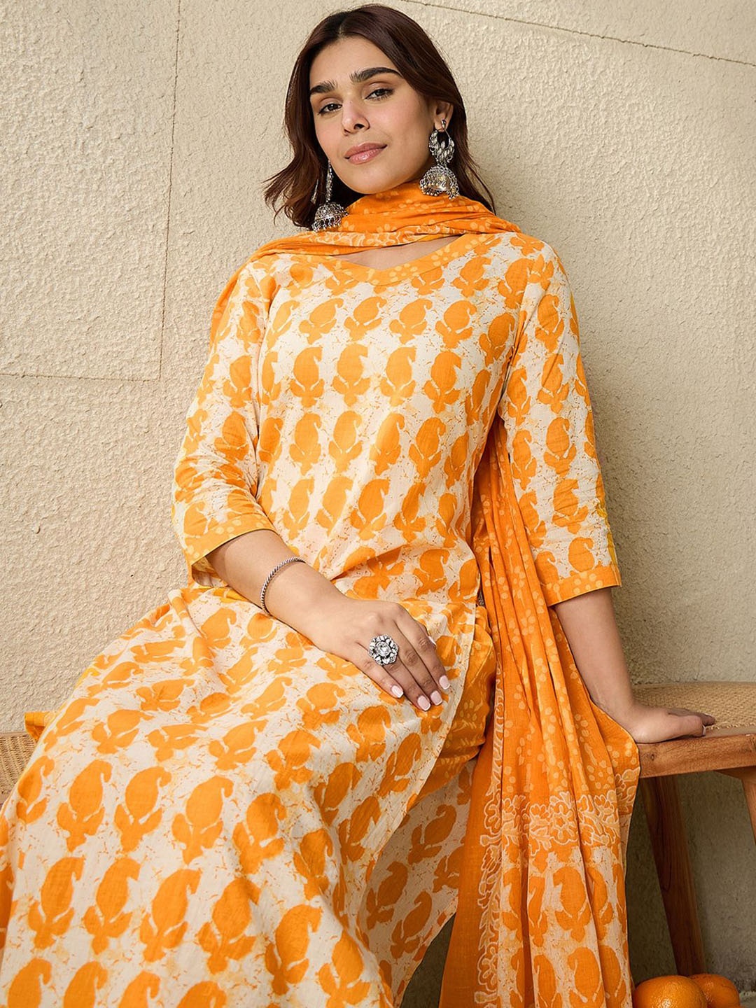 

Indo Era Paisley Printed V-Neck Pure Cotton Straight Kurta With Trousers And Dupatta, Yellow